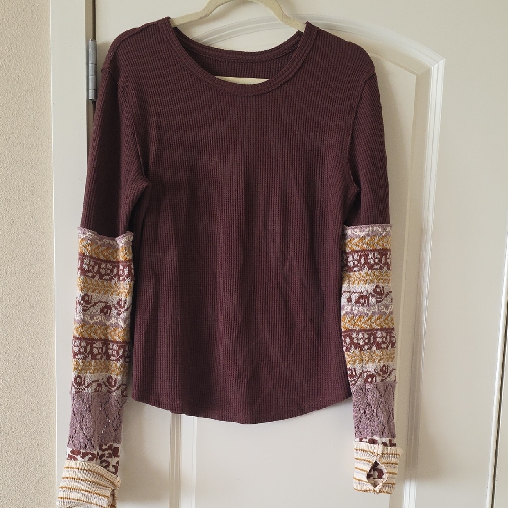 We The Free Burgundy Knit Top with Patterned Sleeves
